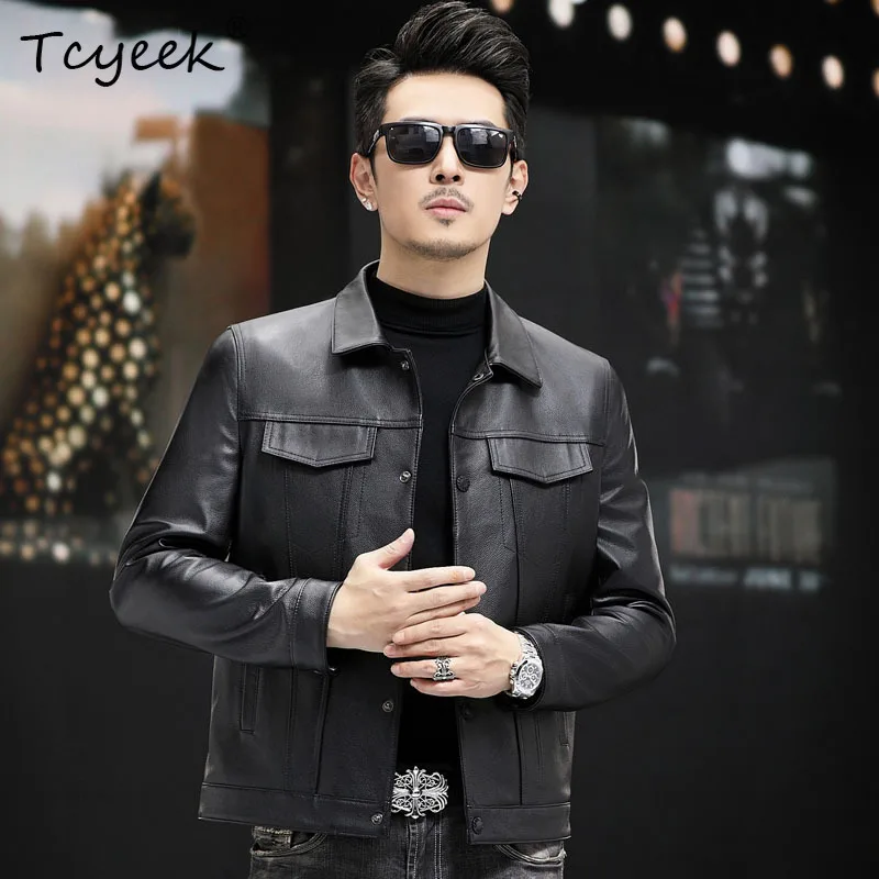 Tcyeek Top Layer Cowhide Real Leather Jacket Men Clothing Spring Autumn Male Leather Coats Black Fashion Jaqueta De Couro 2026