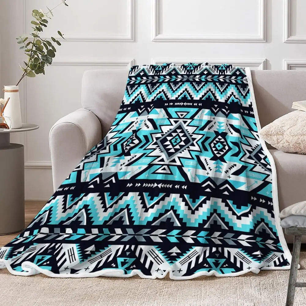 Turquoise Black White Aztec Geometric Tribal Repeat Print Soft Flannel Blanket for Bedroom Ethnic Fashion Warm Home Decor