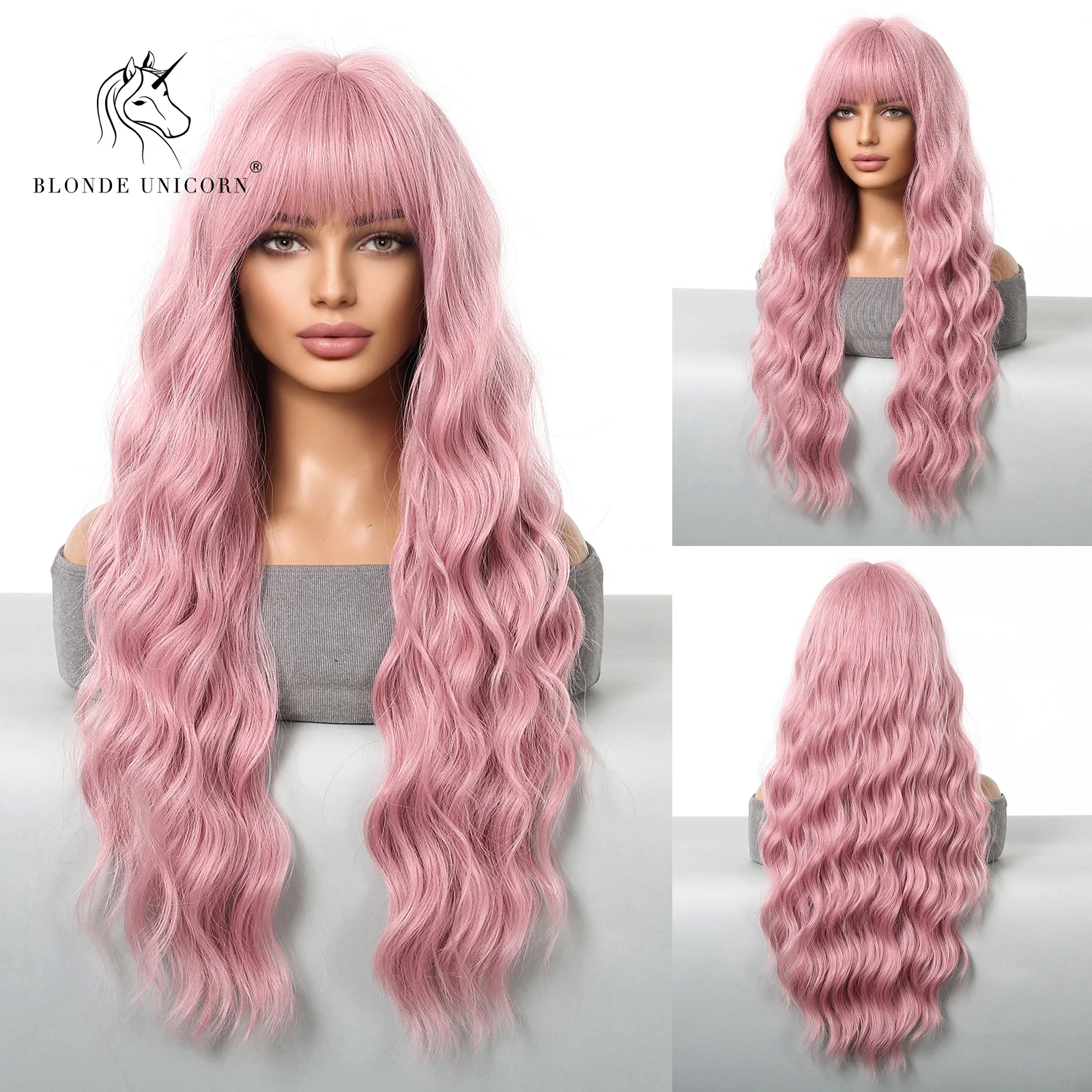 

CharmSource Pink Curly Synthetic Wigs Long Natural Wave Hair with Bangs Wig For Women Party Girl Cosplay Halloween Daily