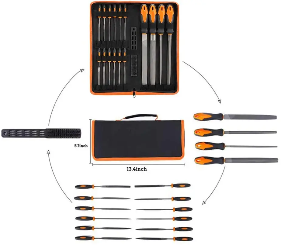 17Pcs File Tool Set with Carry Case Premium Grade T10 Drop Forged Alloy Steel 4 Large File and 12pcs Needle Files/1 Brush