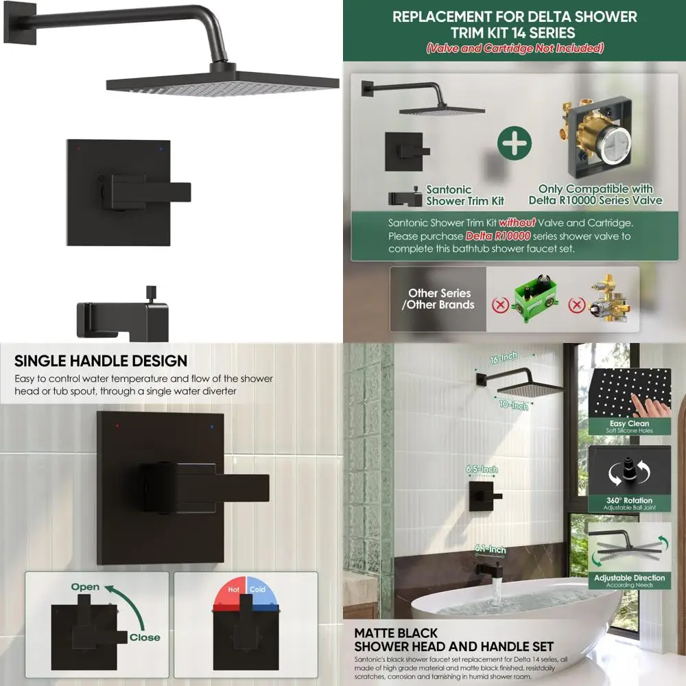 

Matte Black Shower Trim Kit - 14 Series, 10-Inch Shower Head, 16-Inch Bathtub Faucet Set for Replacement