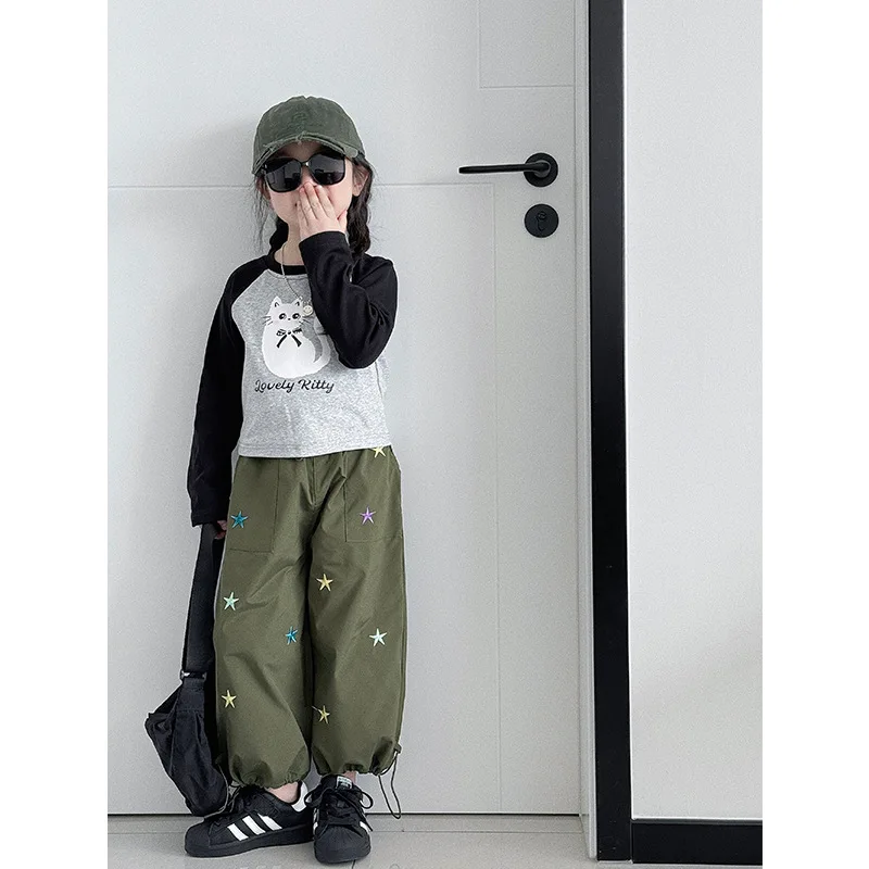 

Ximilu Girls' 2024 Spring New Children's Drawstring Casual Boys' Western Style Loose Long Pants Trendy