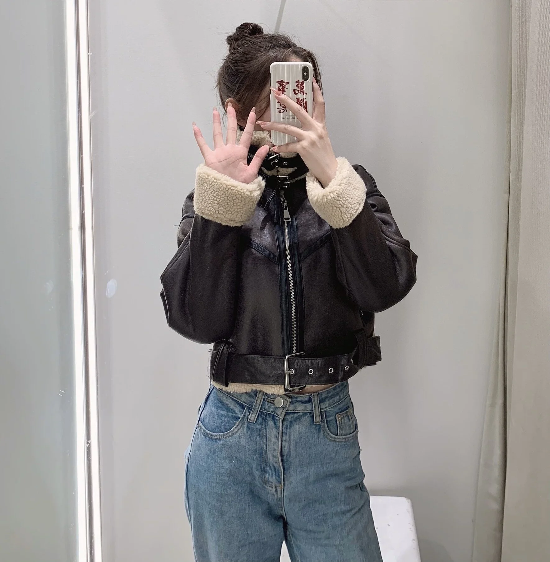 Warmer Biker-Mantel mit doppelseitigem Fell, Damen-Herbst-Winter-Neuheit, modischer Leder- und Pelzmantel mit Reißverschluss, Oberbekleidung...