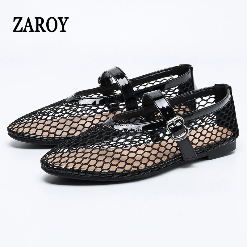 

ZAROY Mesh Round Toe Flat Shoes Breathable Fishnet Ballet Flats Casual Walking Shoes Commute Ballerinas Buckle Strap Mary Jane