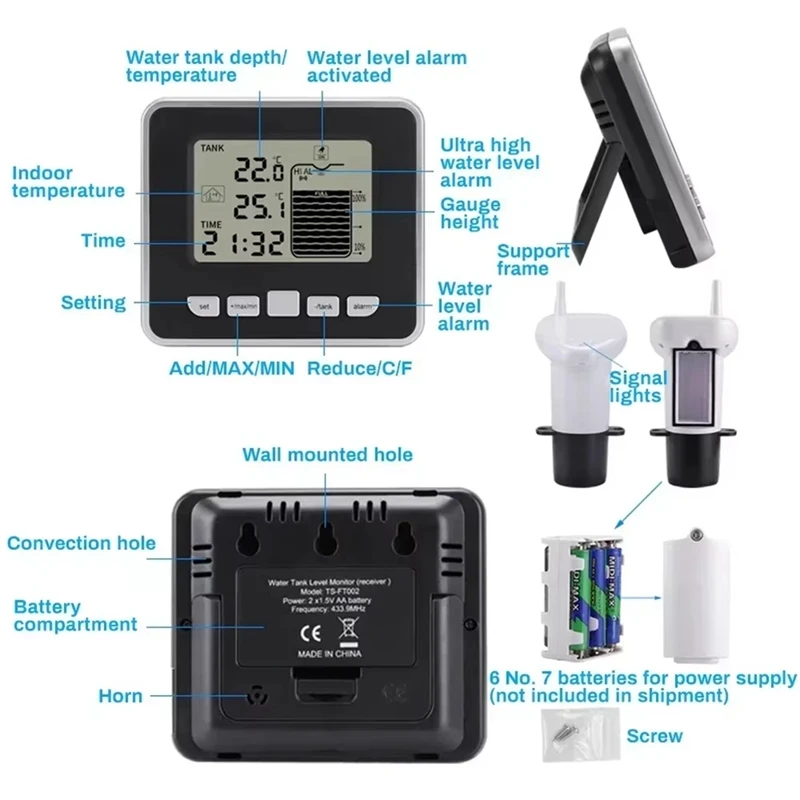 Wireless Water Level Indicator  Gauge Water Tank Sensor  Liquid Level Sensor Digital Thermometer Clock Water Level Meter