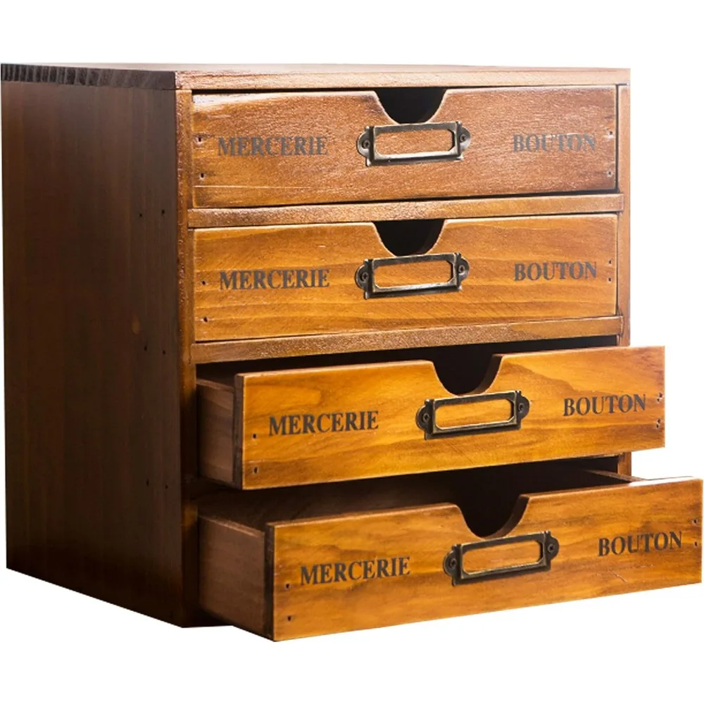Stackable 4-Drawer Wood Desk Organizer, Retro Card-Catalog Style, Holds Stationery/Crafts/Sewing Supplies