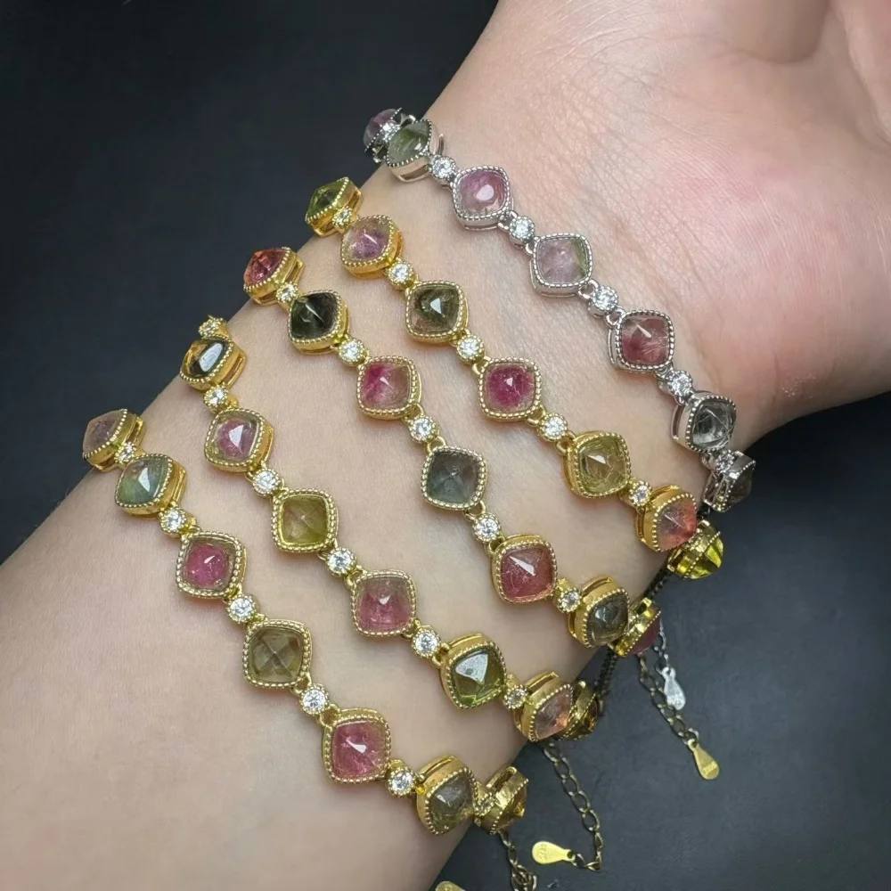 S925 Natural Watermelon Tourmaline Bracelet Women Reiki Healing Bangles Jewelry For Female Holiday Gift 1PCS