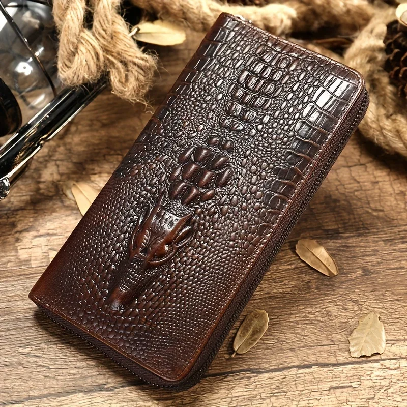 

Pattern Vintage Style Top Layer Cowhide Long Wallet For Men, Large Capacity Clutch Bag, Card Holder With Multi Slots, Coin Purse