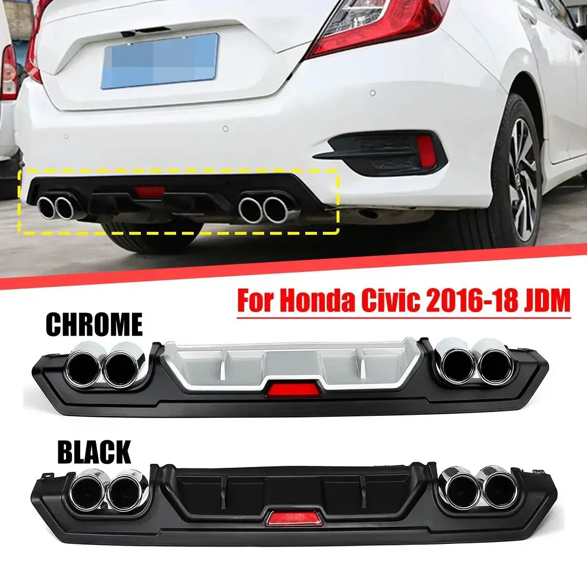 Black/Chrome Rear Lower Bumper Diffuser with Dual Exhaust Tip Outlet Pipe Decor For Honda For Civic 10th Sedan 4 Door 2016-18JDM