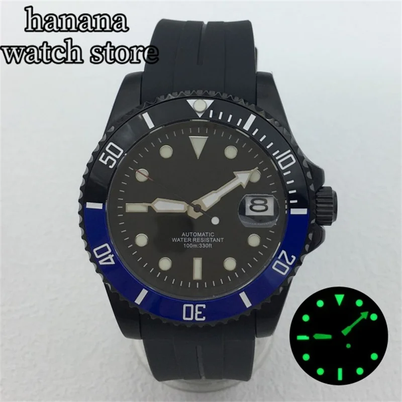 

BLIGER Black Mechanical Watch 100M Waterproof NH35 PT5000 Movement Automatic PVD Watch Sapphire glass rubber strap luminous dial