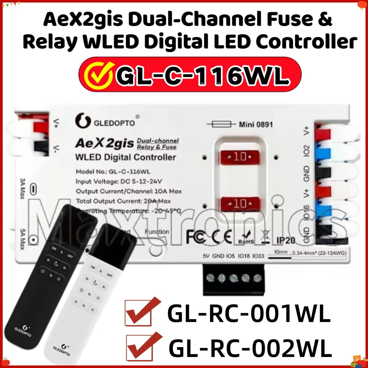 DC5-24V AeX2gis WLED Digital Smart Controller GL-C-116WL PDM Mic Audio-Reactive Dual Relay Fuse20A for WS2812B WS2811 LED Light