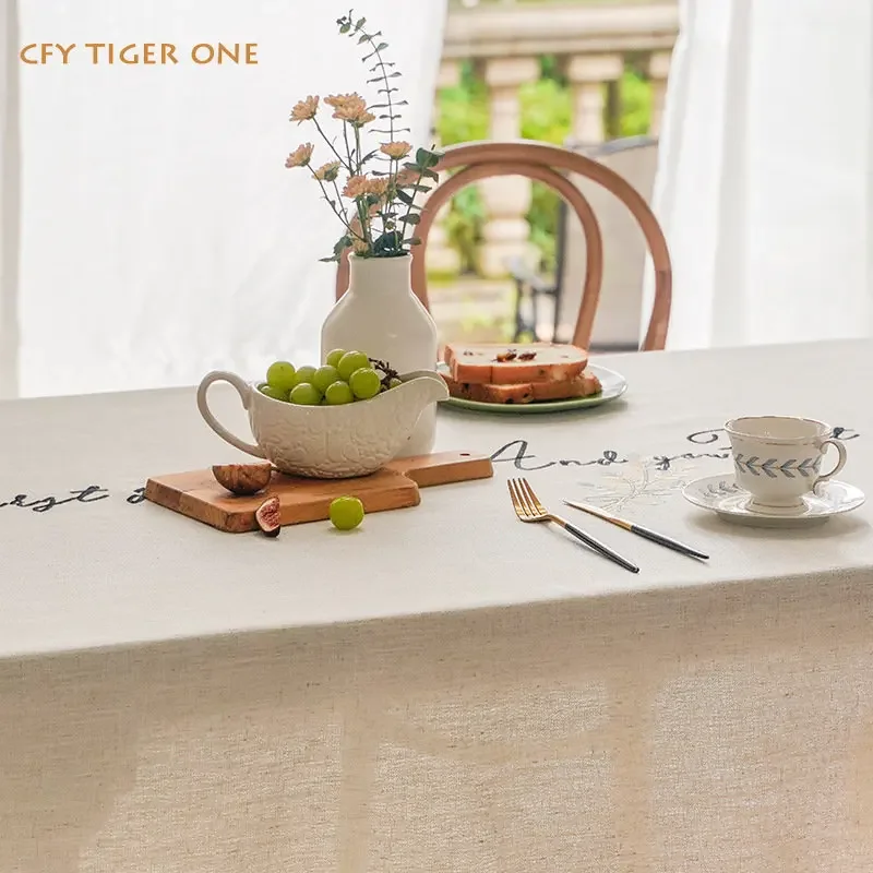 

American Cotton Linen Embroidered Letter Tablecloth Antifouling Rectangular Tablecloth with Tassel Table Cover