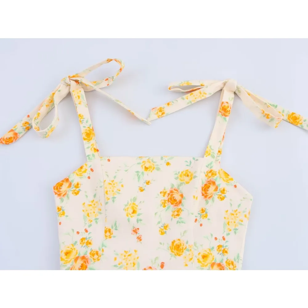 Women's Gorgeous Orange Floral Poplin Bow Dress Elegant Short Straight-neck Dress with Bow Straps Vacation Flower Printing Dress