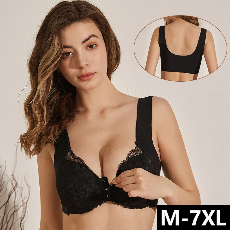 

2PCS Sexy Front Closure Bralette Lace Plus Size Bra Push Up Underwear Crop Top M-7XL Seamless Brassiere Female Lingerie