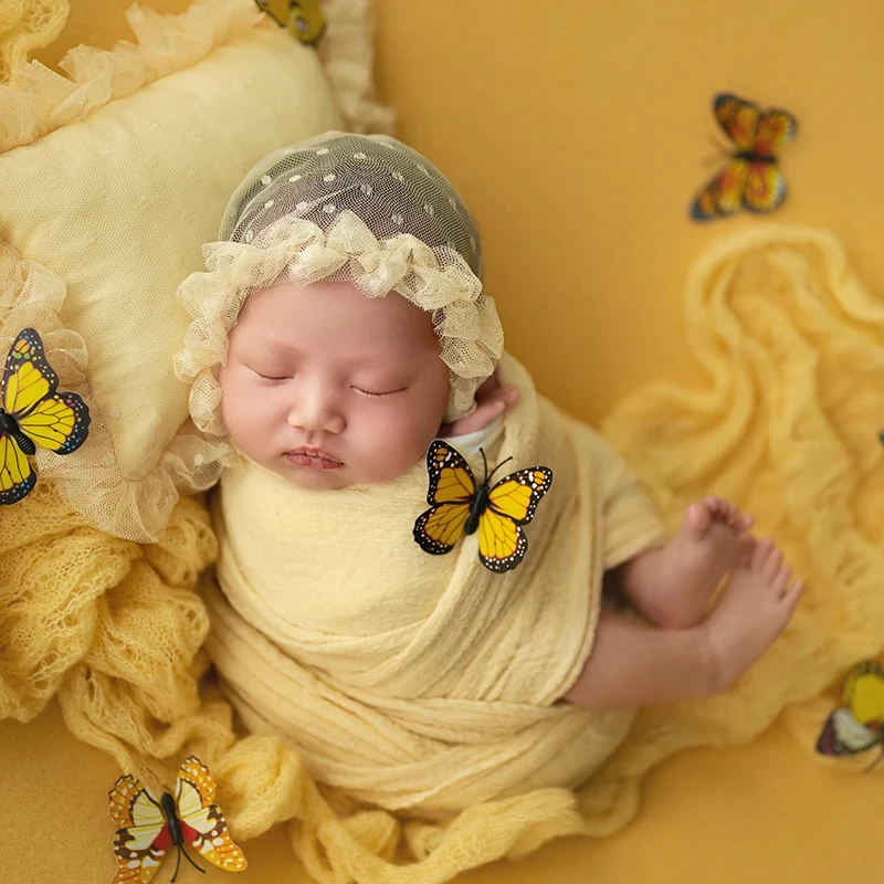 2 Ps/Set fotografía de bebé recién nacido sombrero de encaje almohada bebé posando mariposa simulada fondo de punto foto de bebé sombrero de muñeca tejido