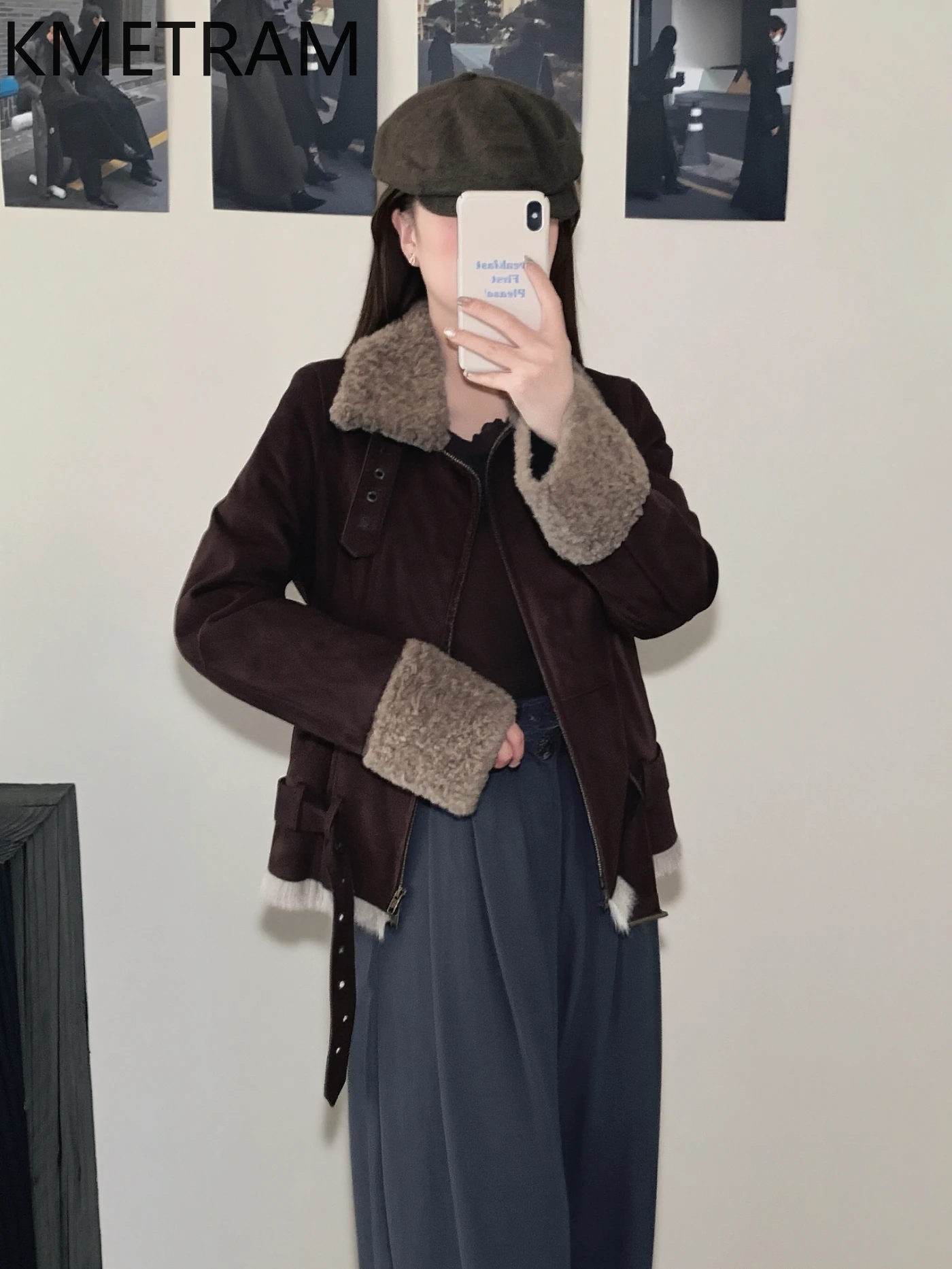 معطف فرو من صوف الماعز الطبيعي من KMETRAM معطف نسائي للتخسيس وبني عميق ملابس خارجية قصيرة سترة شتوية 2025 duбlenка vrouwska