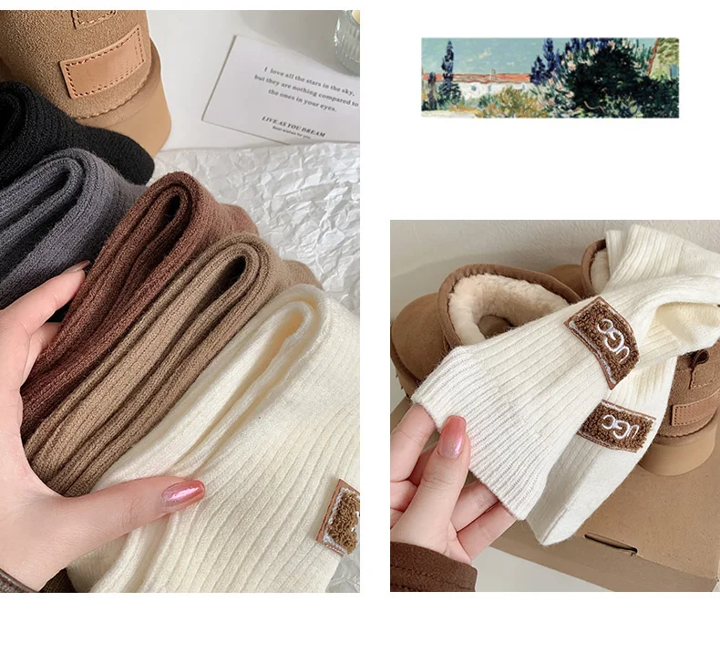 Winterliche, kuschelige, dicke Socken für Damen, mittelhohe, modische Woll-Kaschmir-Socken, warmhaltend, für Schneestiefel, mit flauschigem Etikett, Schuhzubehör, Strümpfe mit Schriftzug. – Detail 7