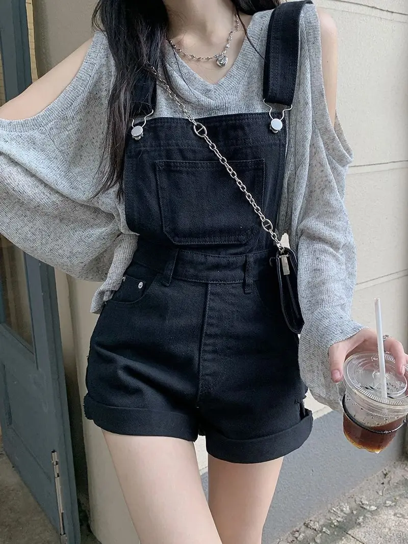 

2Colors S-XL Denim Rompers Women Vintage Casual Korean Chic Streetwear Summer Sweet High Waist Preppy Style Denim shorts (sm5833