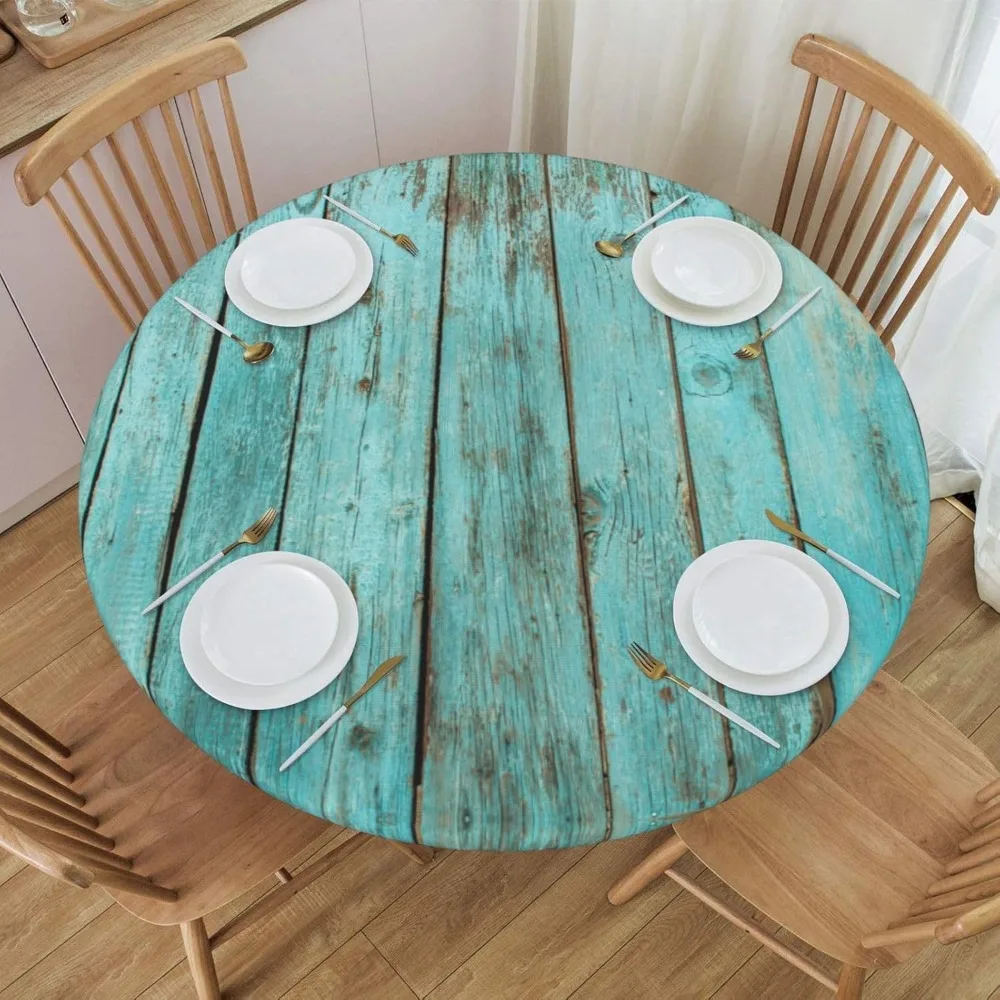 Round Table Cloth Shabby Turquoise Wood Grain Tablecloth Elastic Edge Fitted Table Cover Fits Tables Up to 45