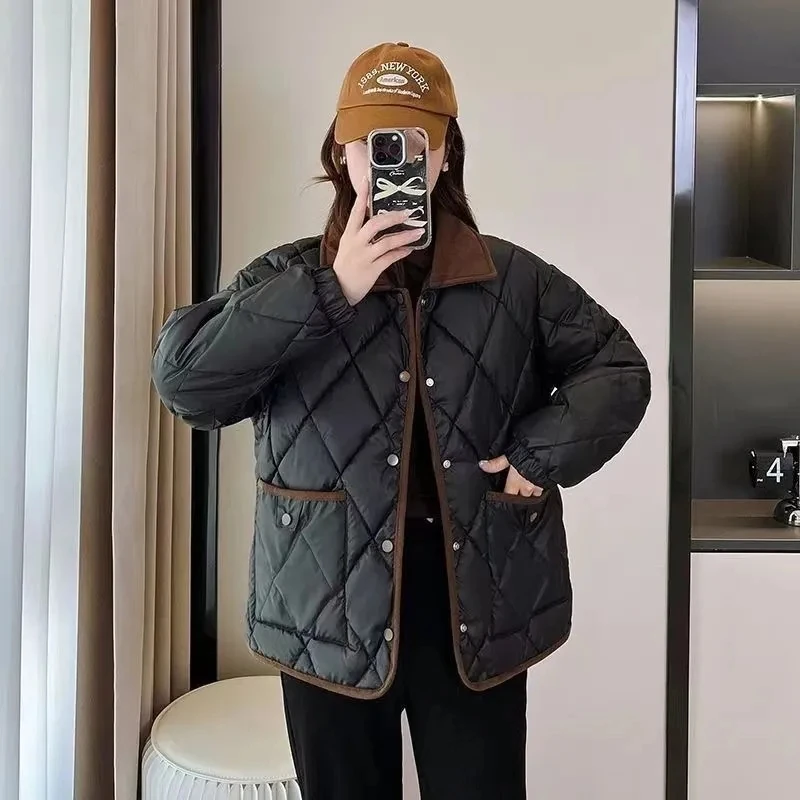 Autumn Winter Overcoat PU Leather Cotton-padded Jacket Women's Rhombic Lattice Short Coats Female Warm Outerwear No-wash Parkas
