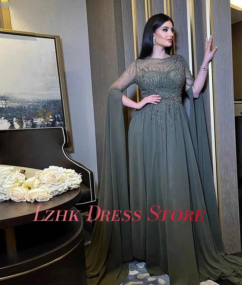 Abito da sera con paillettes a trapezio in chiffon squisito personalizzato Abiti da celebrità lunghi fino al pavimento con maniche lunghe o-collo di alta qualità