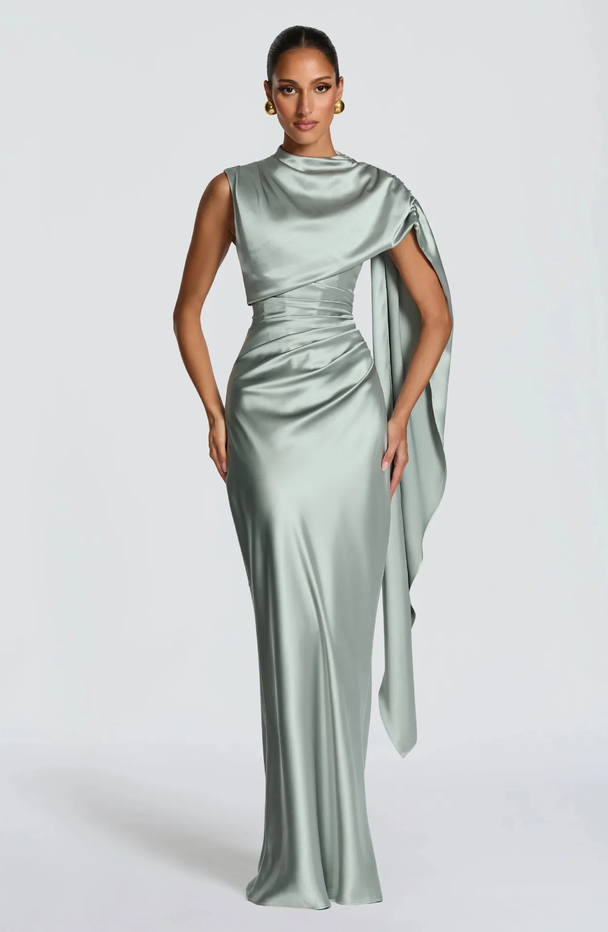 Women High Neck Satin Mermaid Evening Dress Cape Sleeve Draped Ruched Corset Lace‑Up Back Long Formal Bridesmaid Gown view 3