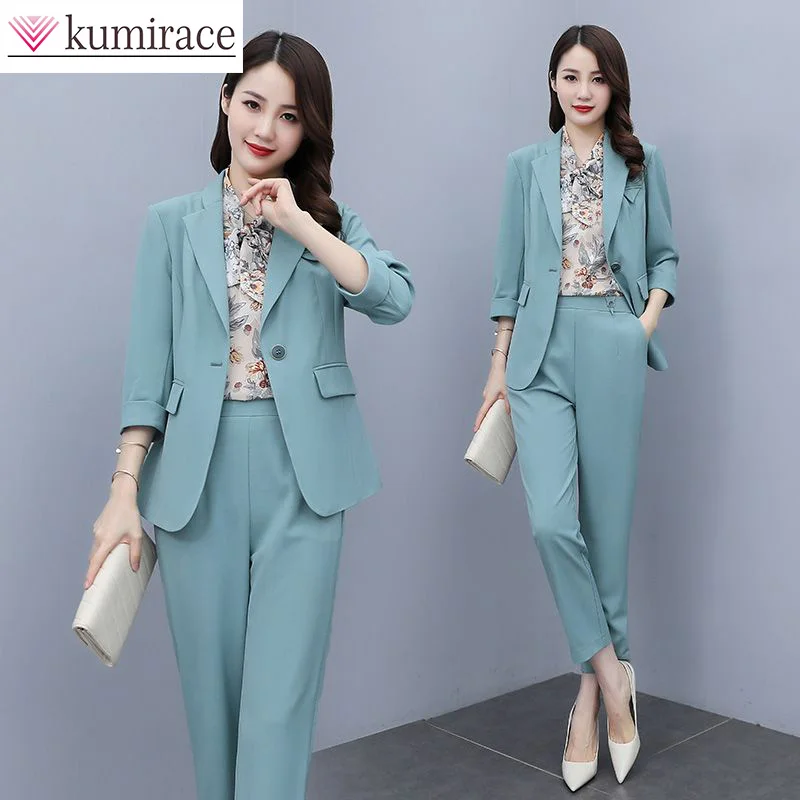 Suit Set Women\'s Spring and Autumn 2023 New Korean Fashion Green Three Piece Set Fall Two Piece Outfits for Women Pant Sets