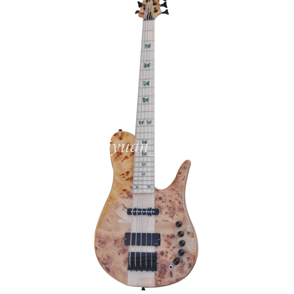 Flyoung 5 Strings Active Neck Through Body Electric Bass Guitar with Butterfly Inlay Maple Fretboard 24  Frets