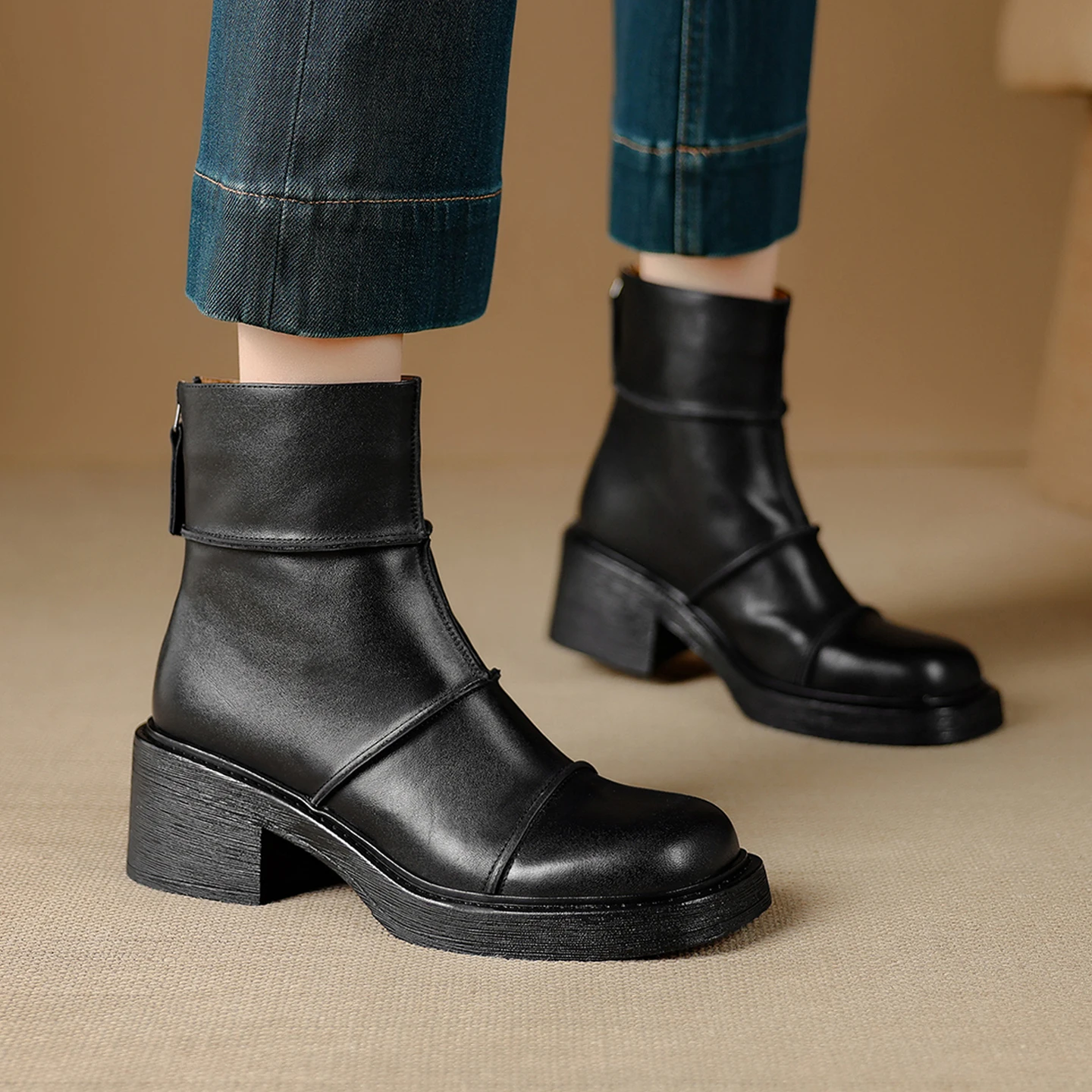 2026 new autumn winter women ankle boots natural leather plus size 22-25cm cowhide square toe thick heel back zip short boots