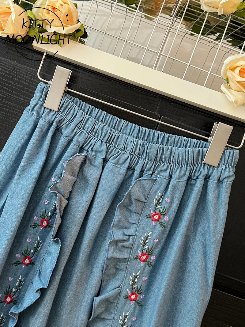 Vintage Floral Embroidery Long Denim Skirt Women Japanese Mori Girl Ruffle A-Line Skirts Autumn Loose Casual Midi Faldas Mujer