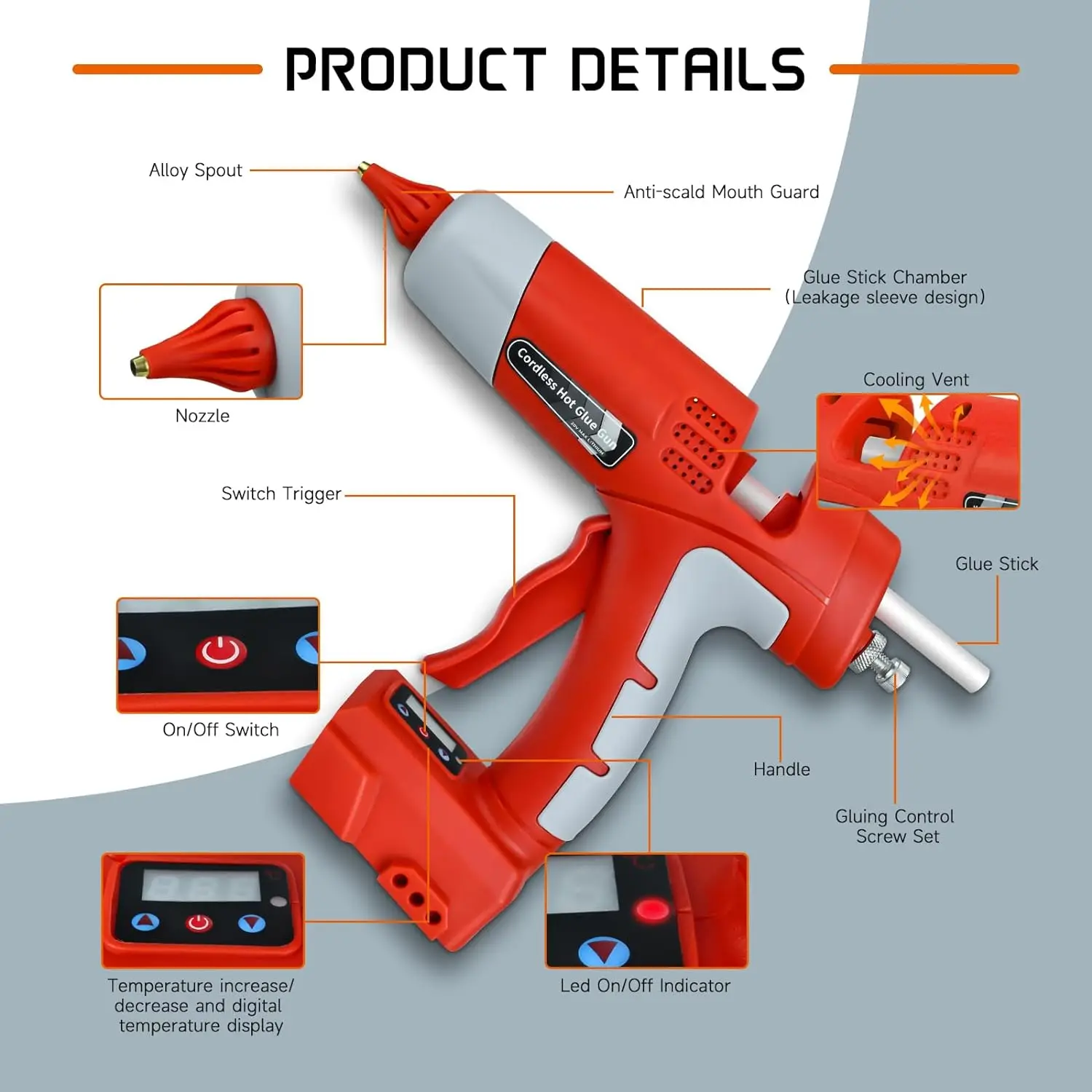 Hot Melt Glue Gun for Ryobi/Milwaukee/Dewalt/Bosch/Makita Li-ion Battery with Temperature Display 10 Adhesive Strips Power Tool