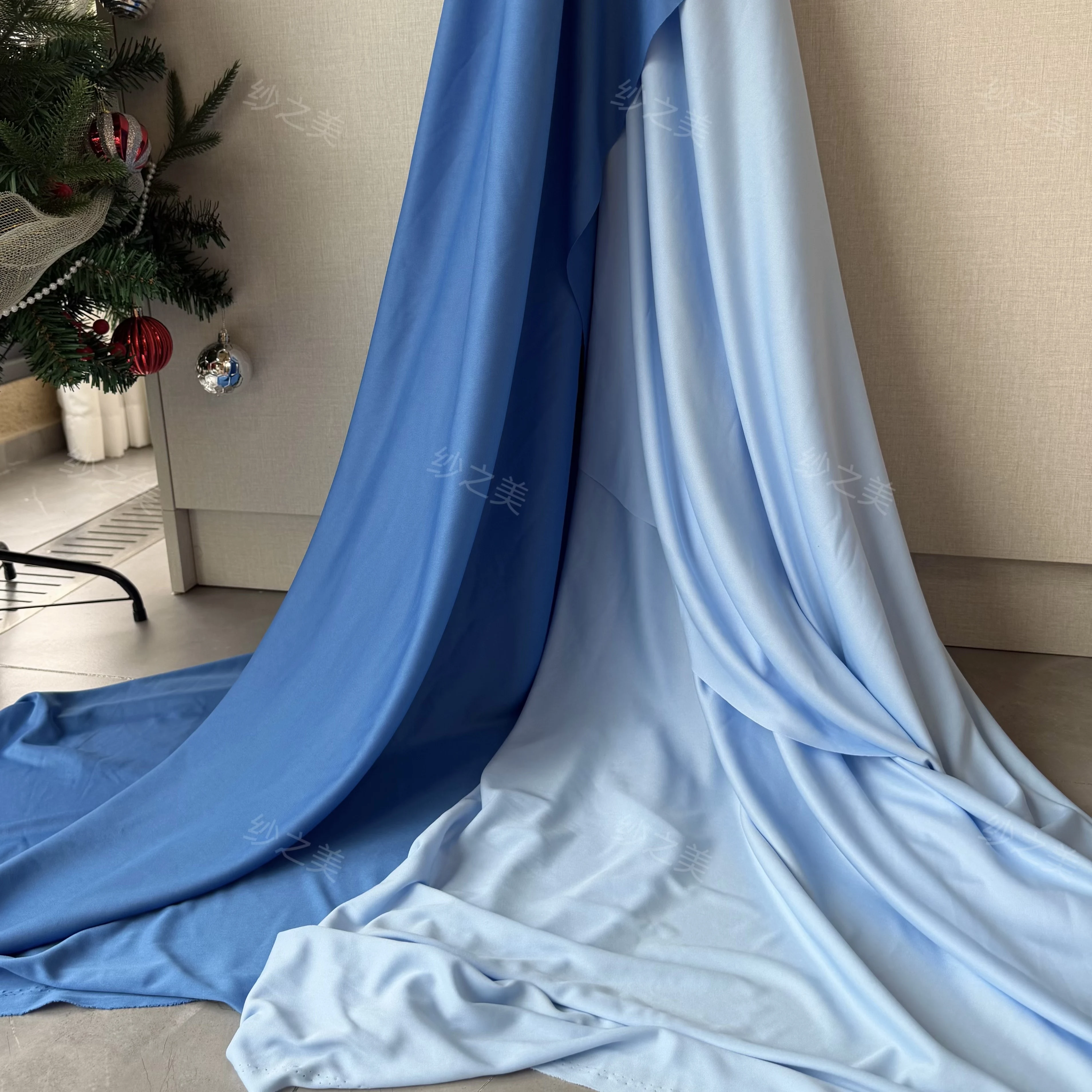 Sapphire Blue Light Gray Stretch Milk Silk Fabric Draping for Wedding Background Stage Purdah Fabric