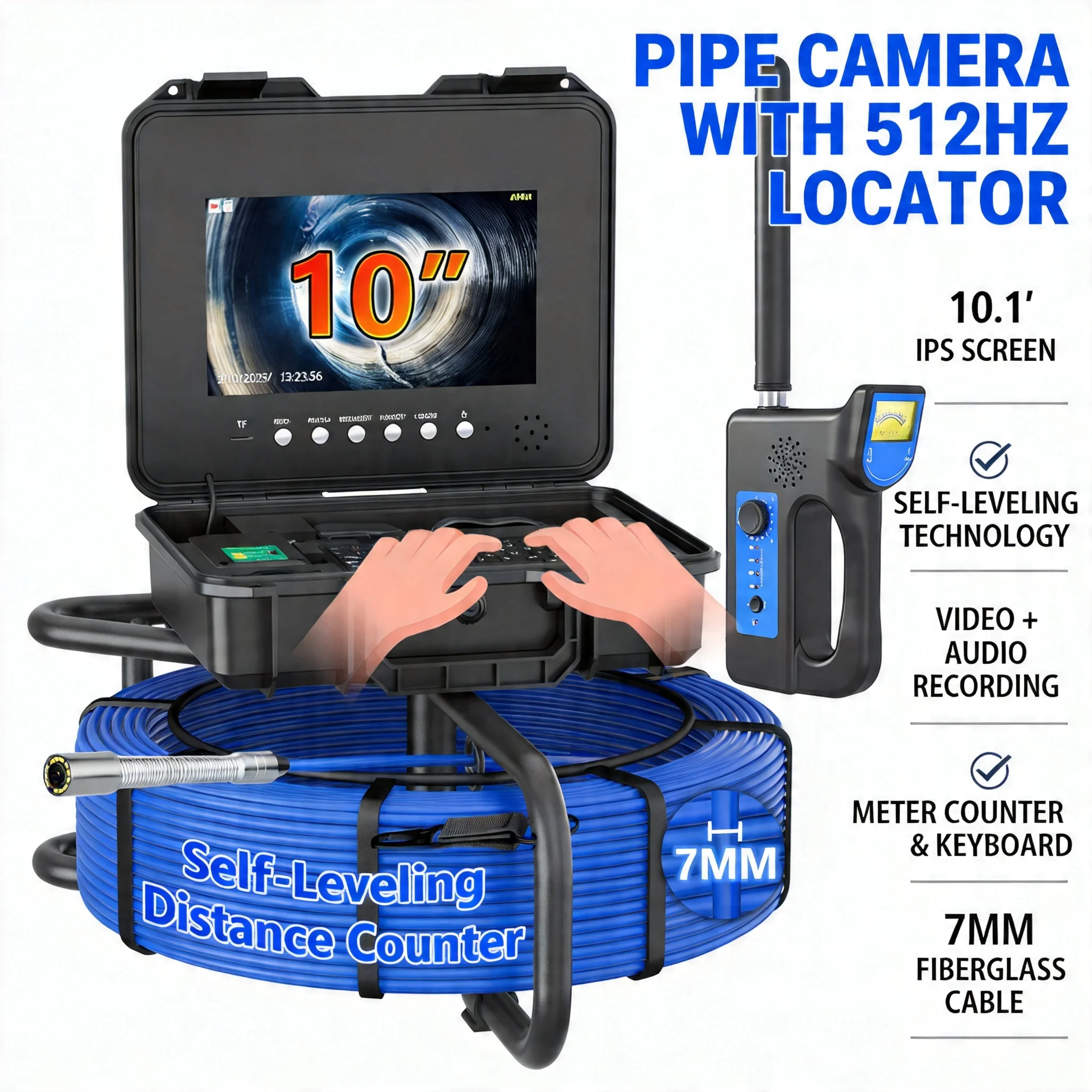 10.1 Sewer Camera 512Hz Locator DVR 30M 7mm Cable Self-Leveling 1080P IPS Endoscope Borescope Keyboard Meter Counter 16G Card