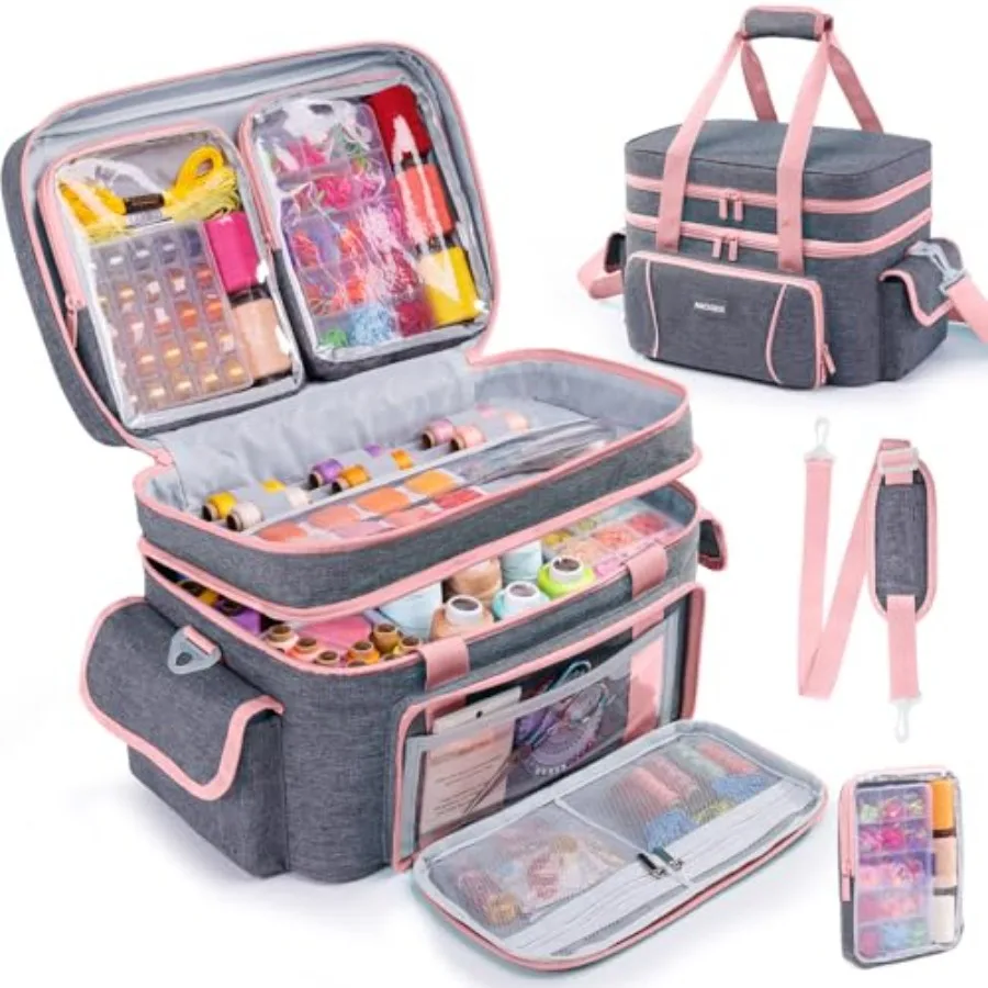 

Double-Layer Sewing Storage Bag with 2 Detachable Pouches Large Organizer in Black with Shoulder Strap Elastic Loops Dividers f
