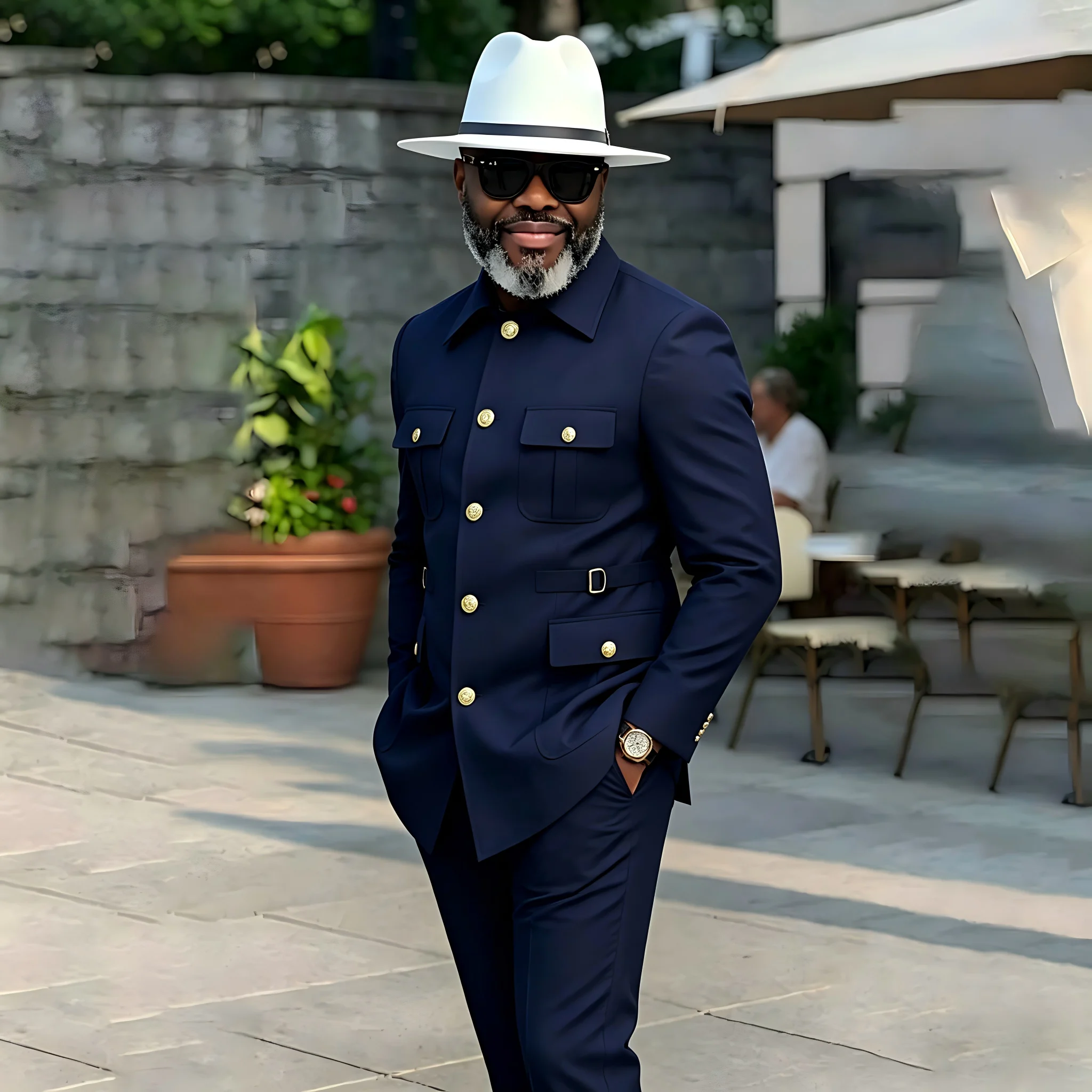 

Модный темно-синий мужской костюм-двойка: пиджак со стоячим воротником и брюки для деловых встреч, свадеб и торжественных мероприятий