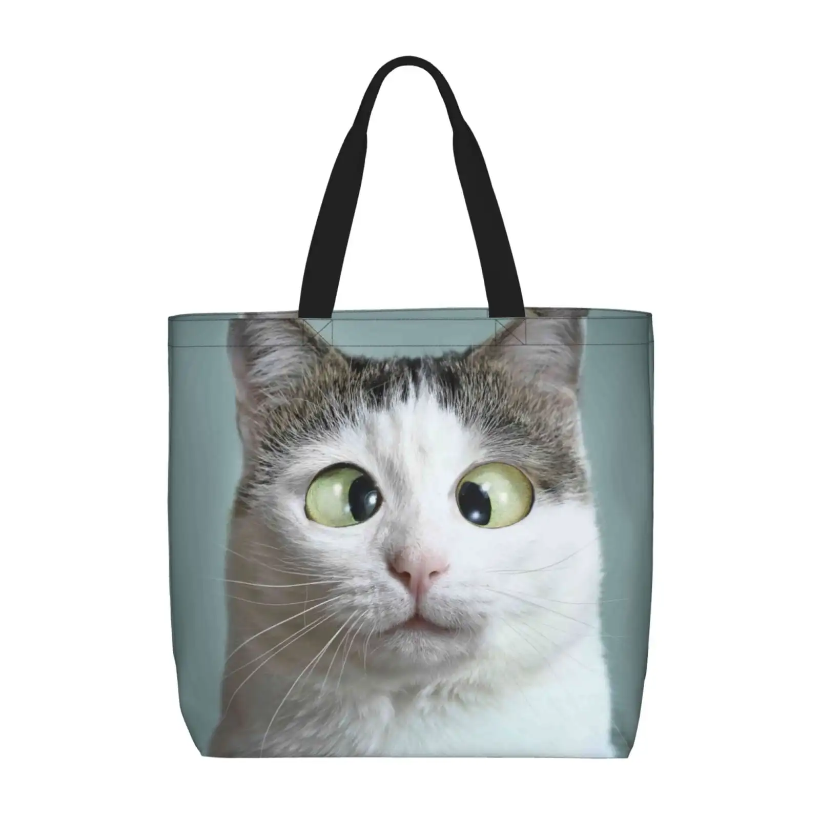 Lindas bolsas de asas con estampado de gato de ojos grandes, bolsa de compras reutilizable para comestibles, bolso de hombro con bolsillo interior