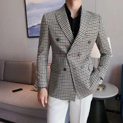 British Style Slim Fit Houndstooth Blazer For Men 2023 Fashion Double Breasted Business Office Wedding Dress Suit Jacket