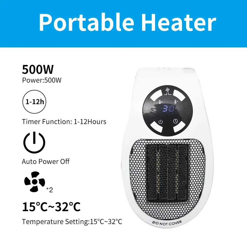 Portable Electric Heater 500W Wall Plug-in Room Radiator Remote Warmer