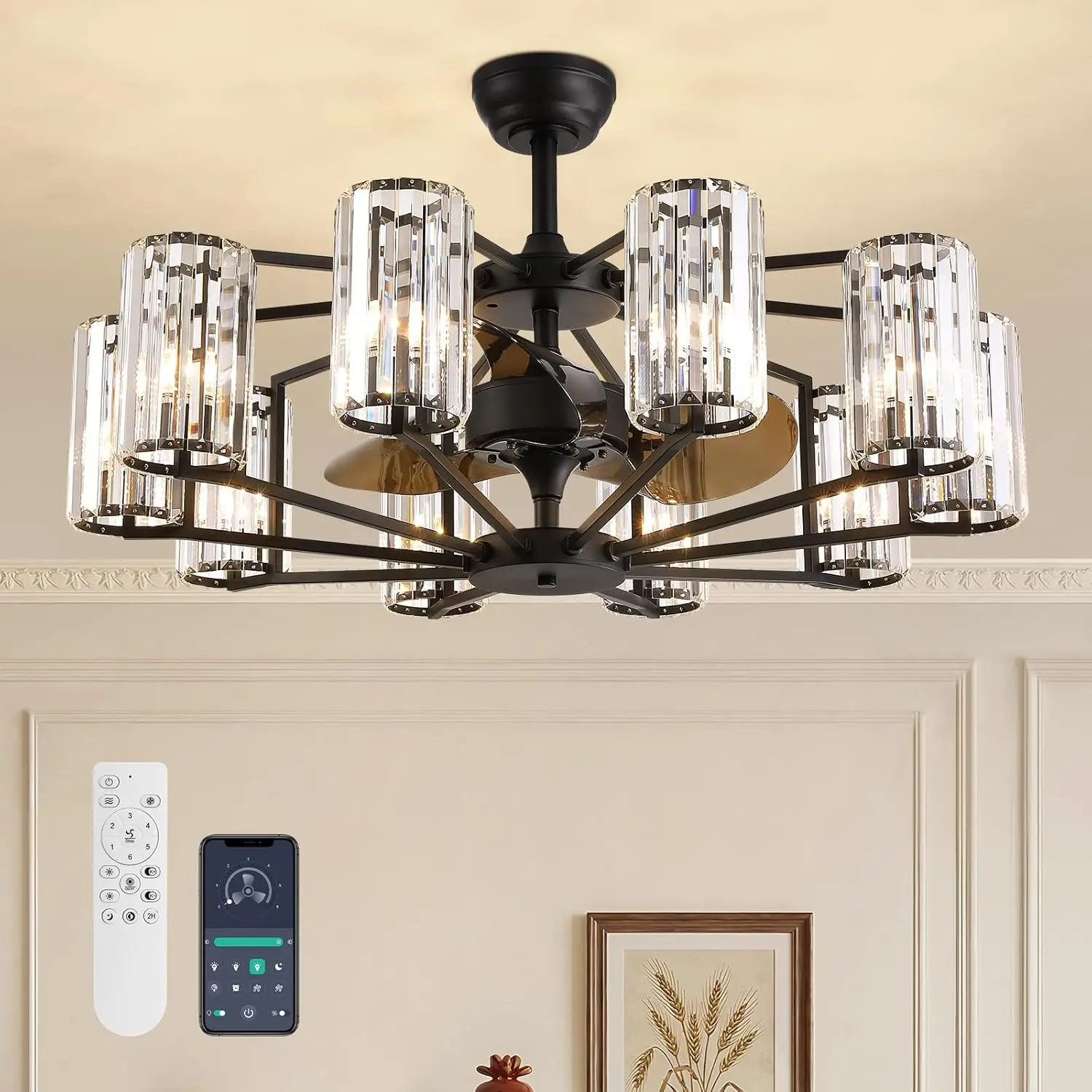 Large 10-Light Crystal Fandelier with Remote, Dimmable Black Ceiling Fan for Bedroom, Dining, Living Room, Kitchen, Foyer