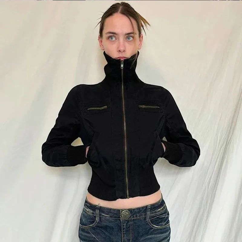 Autumn And Winter Vintage Y2K Street Women's Jacket  Pure Colour Stand Up Collar Zipper Short Advanced Design Slim Cardigan Coat