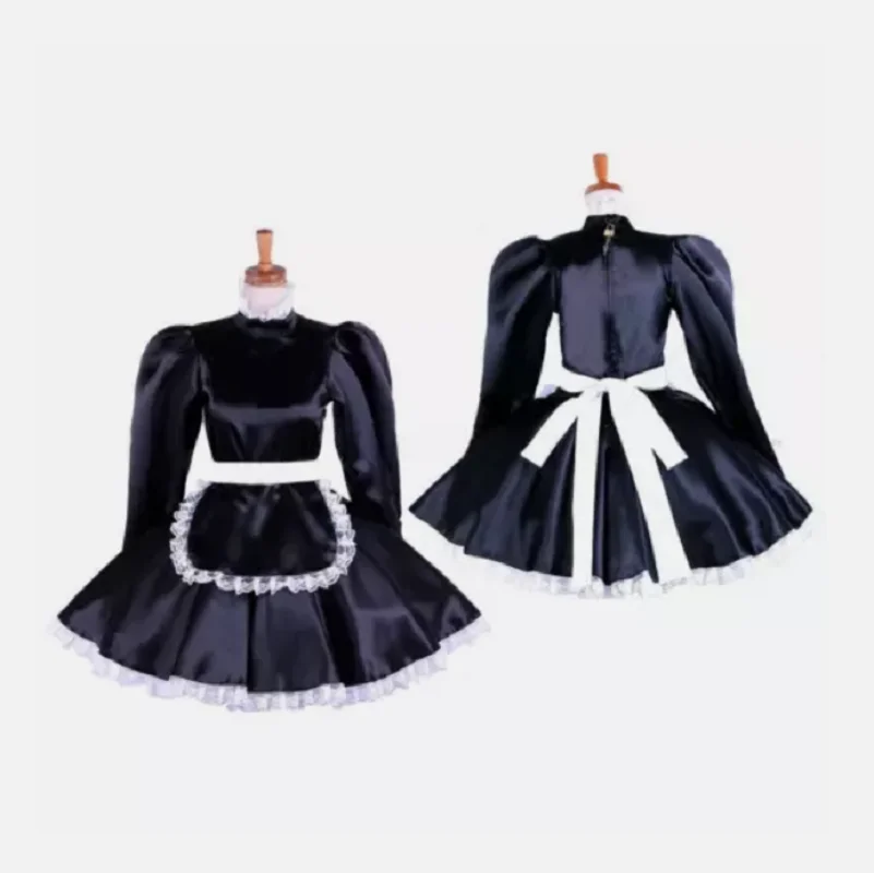 

New Hot Selling Sissy Girl Sexy Maid Black Satin Lockable Dress Cosplay Costume Tailor made