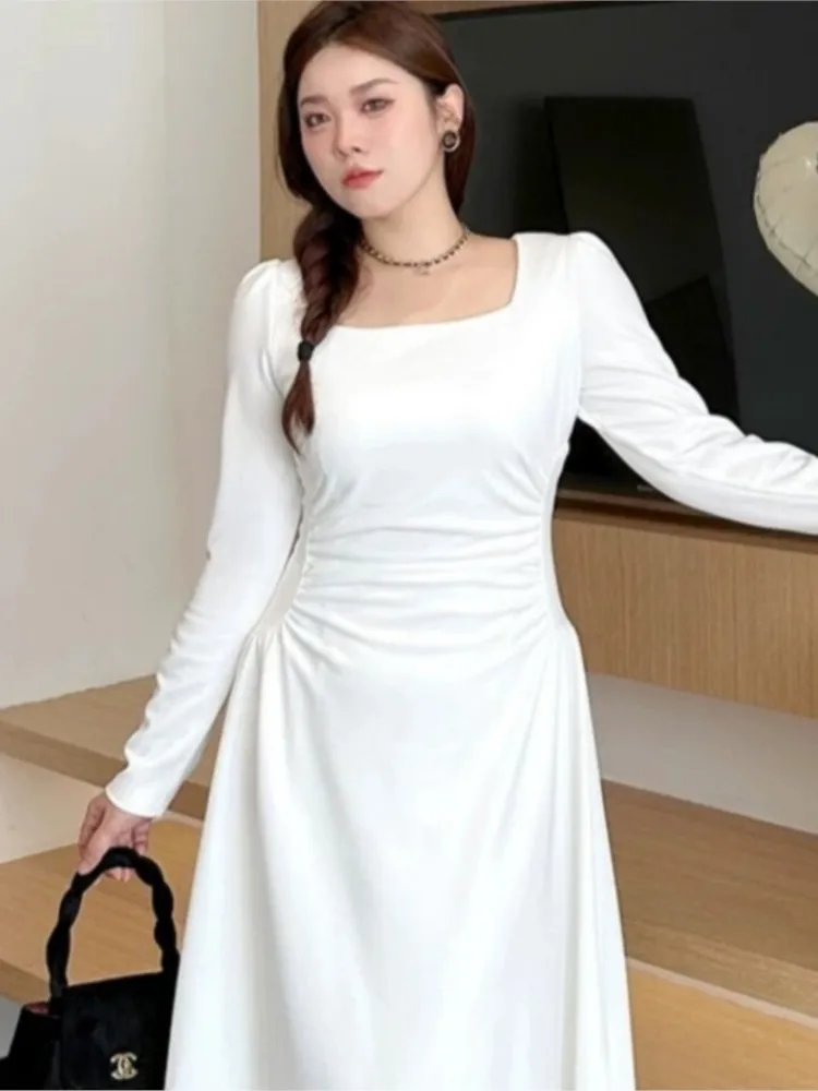 

Fall All White Dress For Women Elegant and Chic Casual Soild Party Vestidos Female French Style A-Line Wedding Evening Clothes