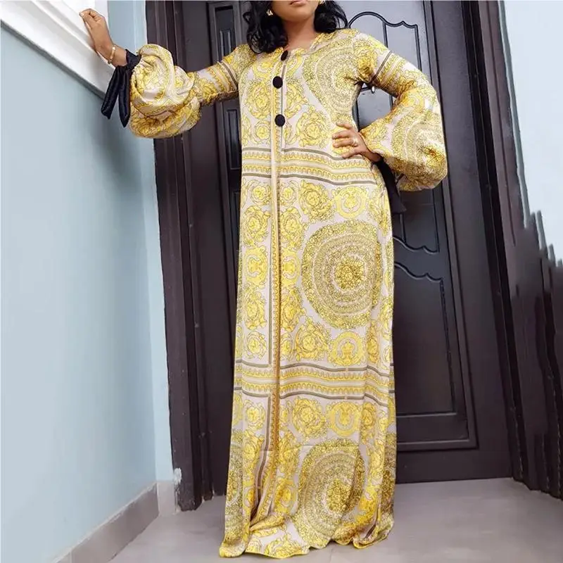 Autumn Vintage Ladies Decorative Buckle  Party Long Dress Elegant Ethnic Casual Yellow Lantern Seeves Loose Fitting Dress Women