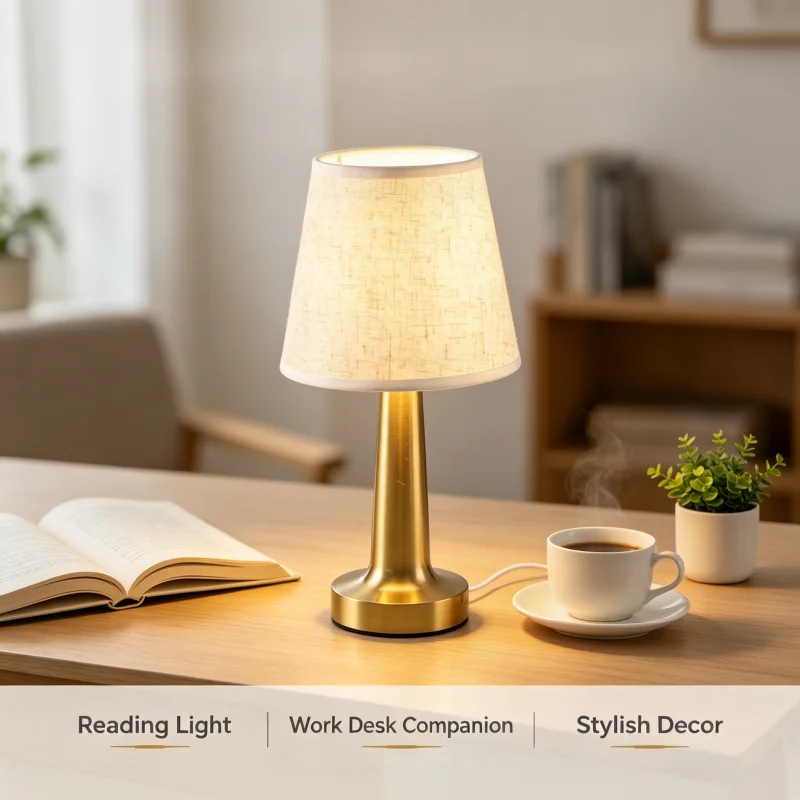 Elegant Linen Fabric Table Lamp, USB Warm Reading Light, Gold Base Decor Desk Lamp for Bedroom & Workspace