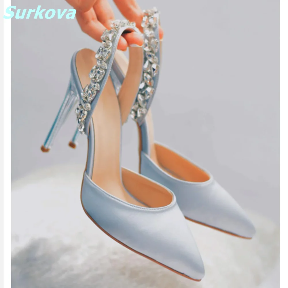 Light Blue Rhinestone Pumps Pointed Toe Slip On Thin High Heels Elegant Comfortable Women Shoes High Quality Wedding Dress Shoes