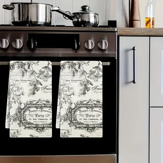2 Vintage French Newspaper-Style Kitchen & Bathroom Towels - Ultra Soft and Durable Polyester Fiber, Rustic Farmhouse Style Decor