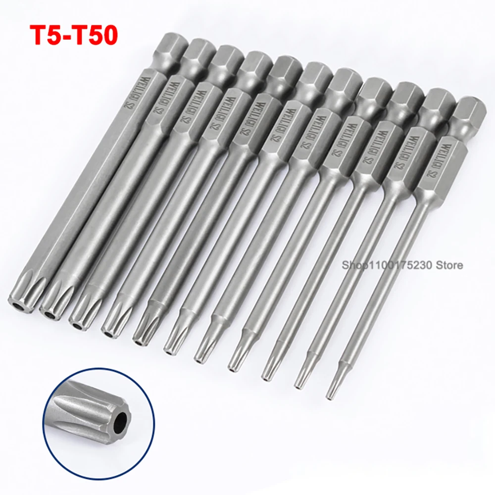 

Torx Security Bit Set S2 Steel Magnetic Security Plum Screwdriver 6.35mm Hex Shank Star Screwdriver Bits T5-T50