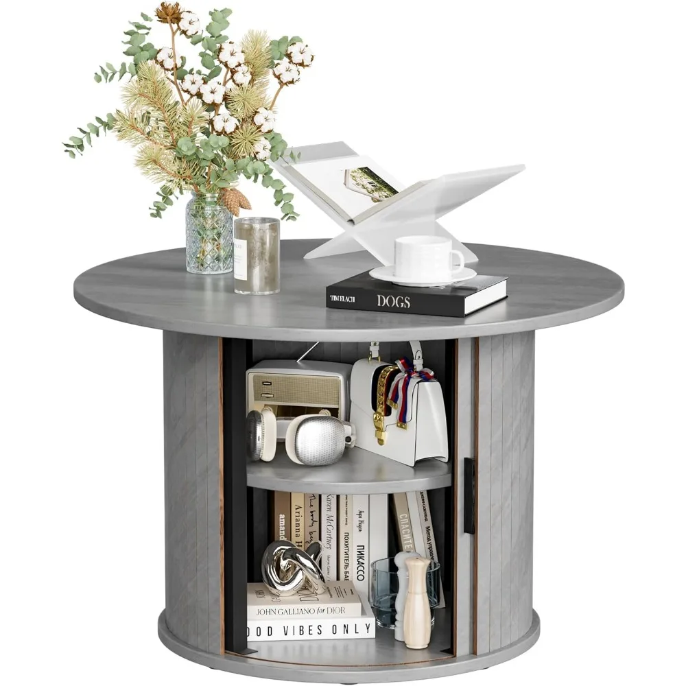 

Faux Marble Circle Coffee Tables With Sliding Tambour Door,Storage Shelf, Modern Large Mesa De Centro, Bedroom,Grey