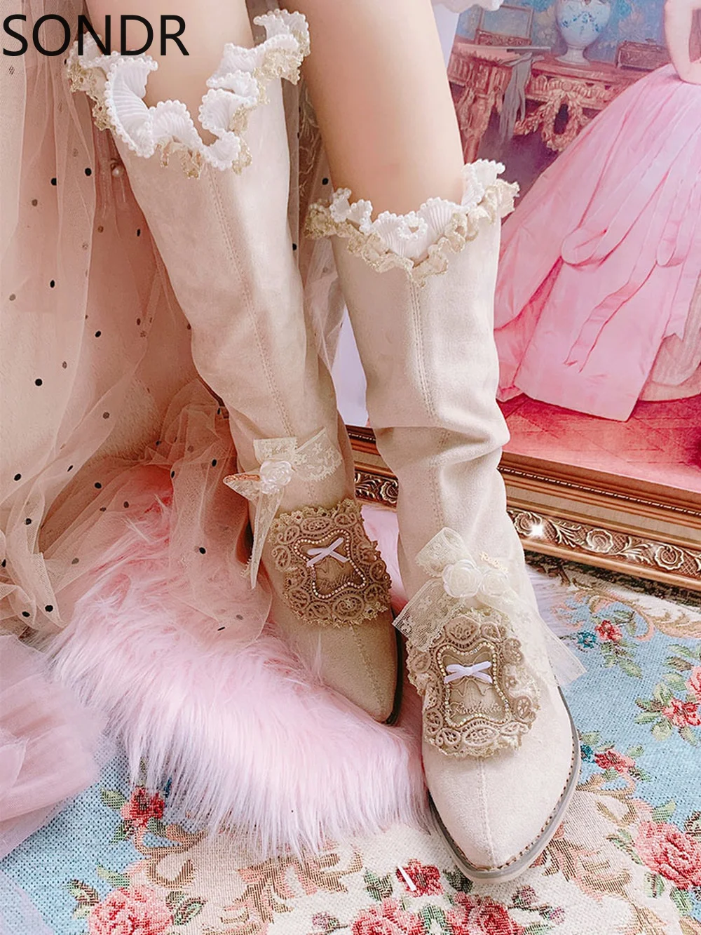 Womens Pointed Toe Knee Thigh High Boots Lace Chunky Heel Shoes Suede Leather Princess Lolita DIY Sweet Girls X-mas Gift New