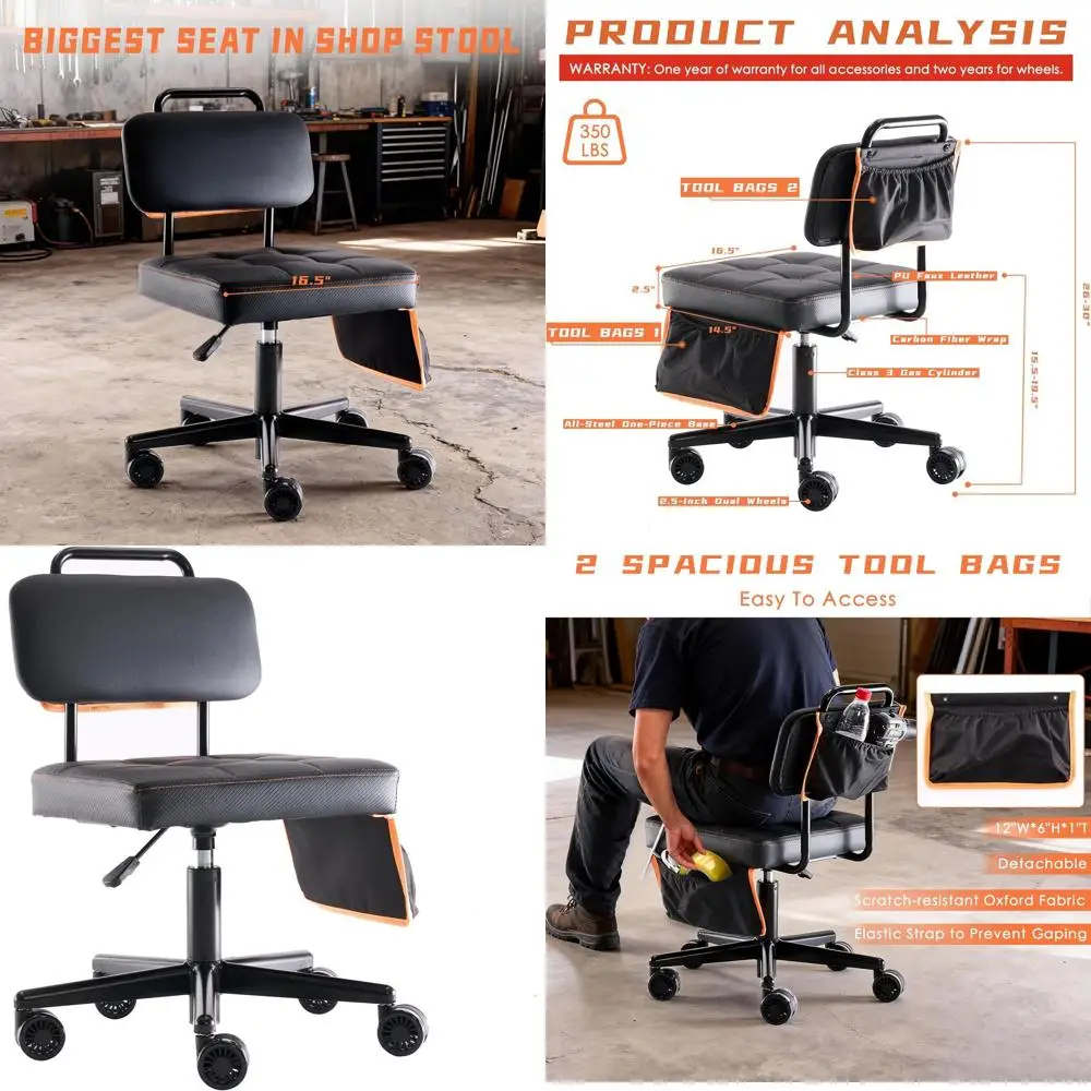 Taburete de taller mecánico con altura ajustable, negro con detalles naranjas, asiento y respaldo acolchados, 15-24, bolsa para herramientas incluida